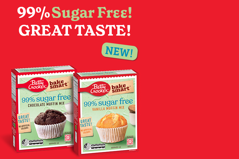 Betty Crocker new 99% sugar free products featured on red background banner