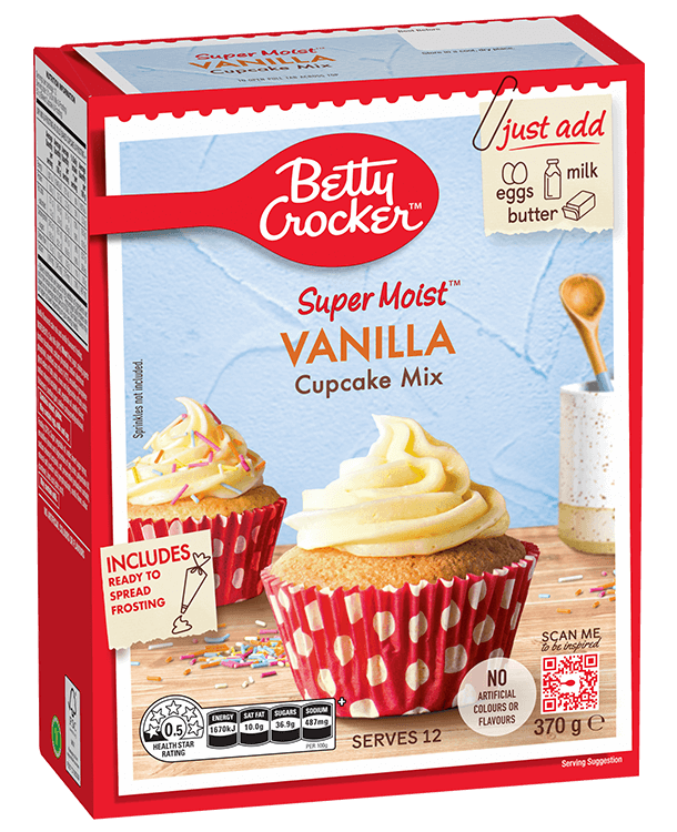 a box of Betty Crocker Super Moist Vanilla cupcake Mix with an image of a vanilla cupcake topped with swirls of frosting on the front